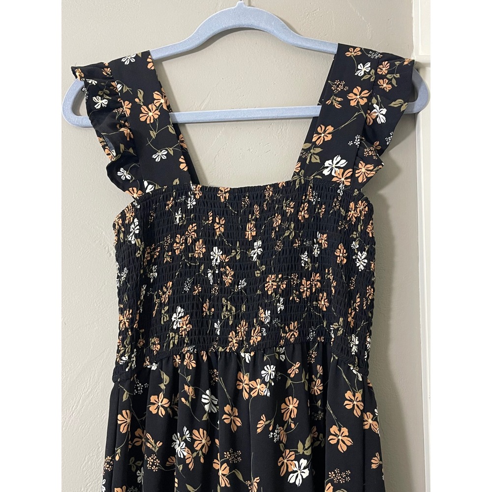 Inspired Hearts Womens Floral Smocked Ruffle Wide Leg Jumpsuit Black Orange M - Picture 7 of 12